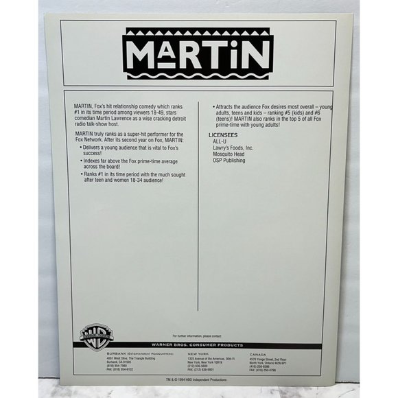 Martin Lawrence TV Show Warner Brothers Consumer Products Advertising Sheet 1994 - Picture 2 of 6